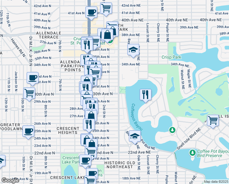 map of restaurants, bars, coffee shops, grocery stores, and more near 119 30th Avenue North in St. Petersburg