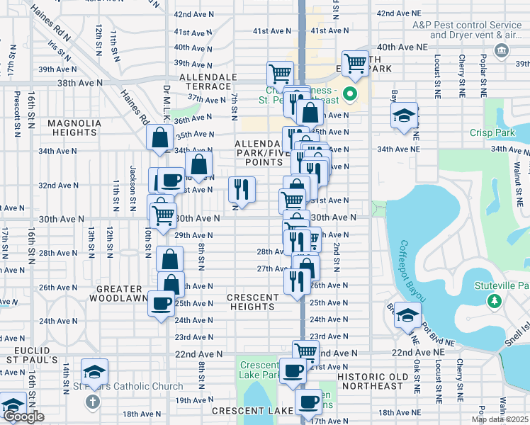 map of restaurants, bars, coffee shops, grocery stores, and more near 515 30th Avenue North in St. Petersburg