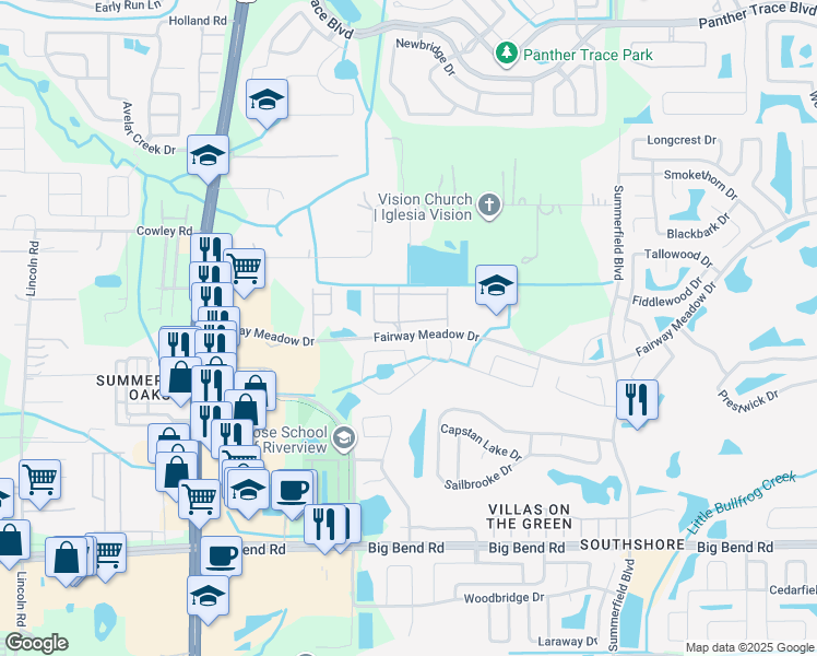 map of restaurants, bars, coffee shops, grocery stores, and more near 10907 Keys Gate Drive in Riverview