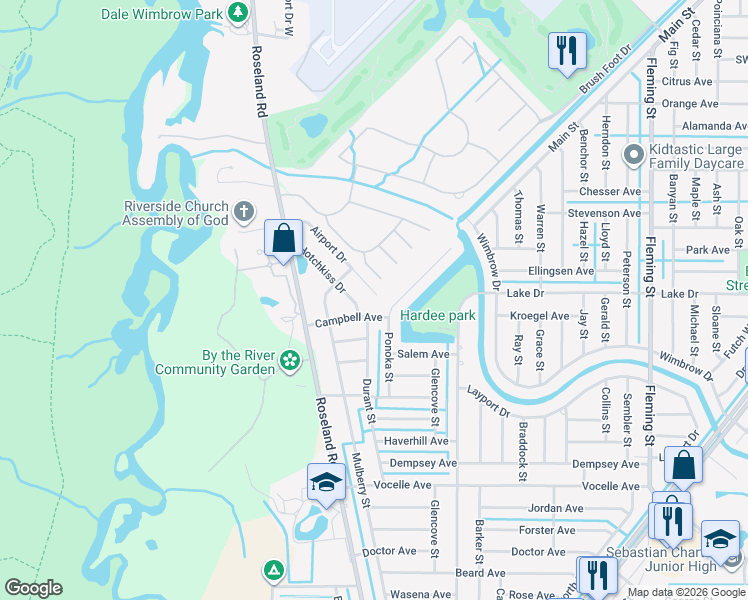 map of restaurants, bars, coffee shops, grocery stores, and more near 11105 Airport Drive in Sebastian