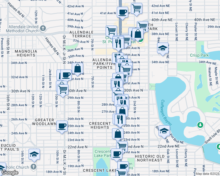 map of restaurants, bars, coffee shops, grocery stores, and more near 441 30th Avenue North in St. Petersburg