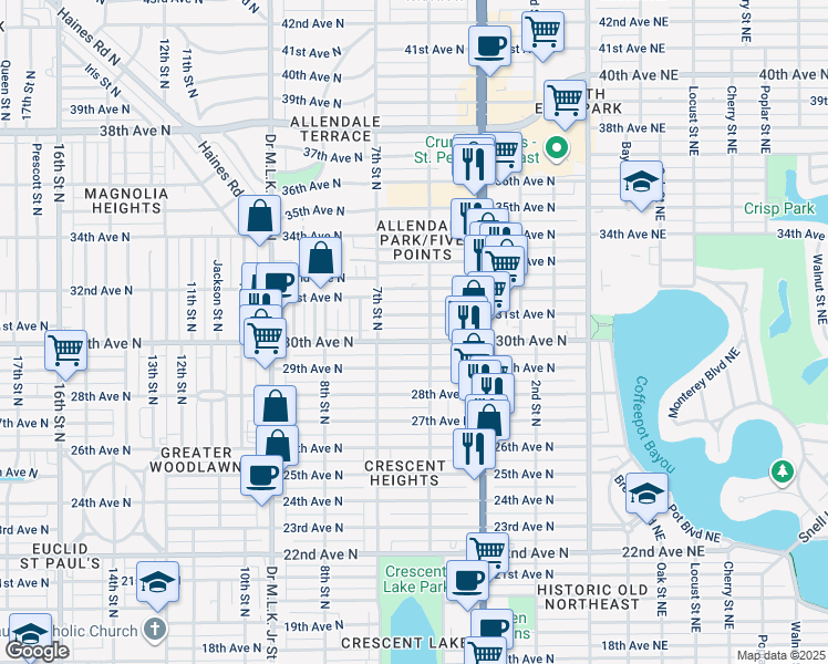 map of restaurants, bars, coffee shops, grocery stores, and more near 515 30th Avenue North in St. Petersburg