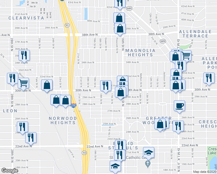 map of restaurants, bars, coffee shops, grocery stores, and more near 1721 30th Avenue North in St. Petersburg