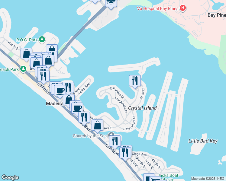 map of restaurants, bars, coffee shops, grocery stores, and more near 20 Lynn Way in Madeira Beach