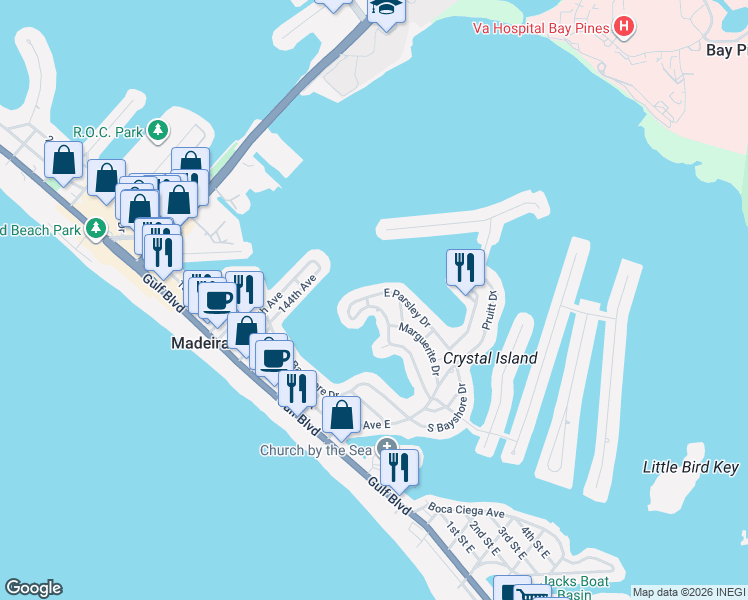 map of restaurants, bars, coffee shops, grocery stores, and more near 14176 West Parsley Drive in Madeira Beach