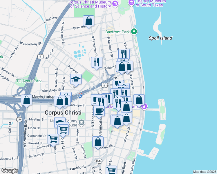 map of restaurants, bars, coffee shops, grocery stores, and more near 921 North Chaparral Street in Corpus Christi