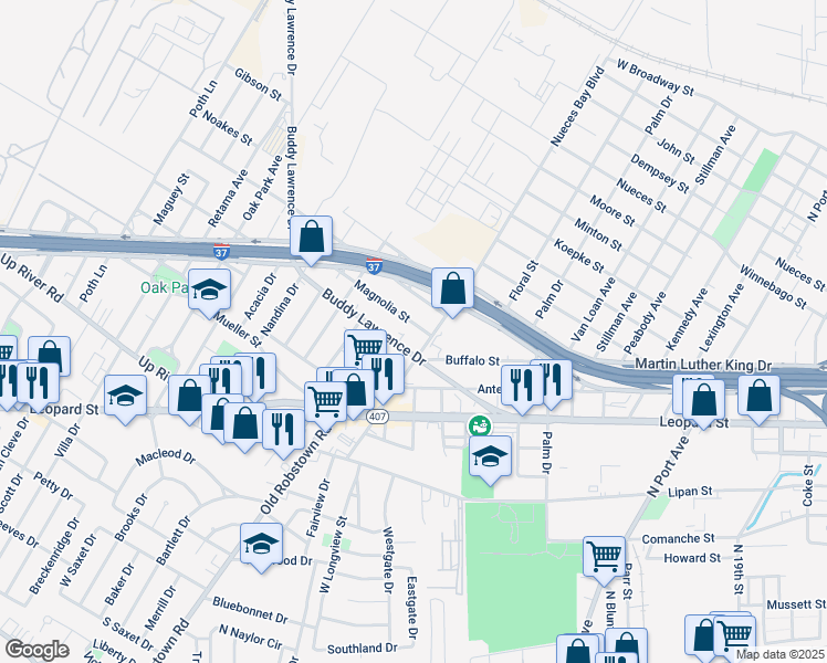 map of restaurants, bars, coffee shops, grocery stores, and more near 3118 Buddy Lawrence Drive in Corpus Christi