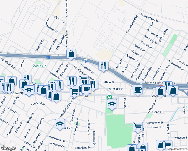map of restaurants, bars, coffee shops, grocery stores, and more near 3118 Buddy Lawrence Drive in Corpus Christi