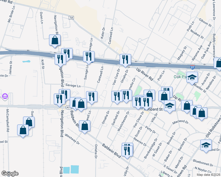 map of restaurants, bars, coffee shops, grocery stores, and more near 801 Van Cura Drive in Corpus Christi