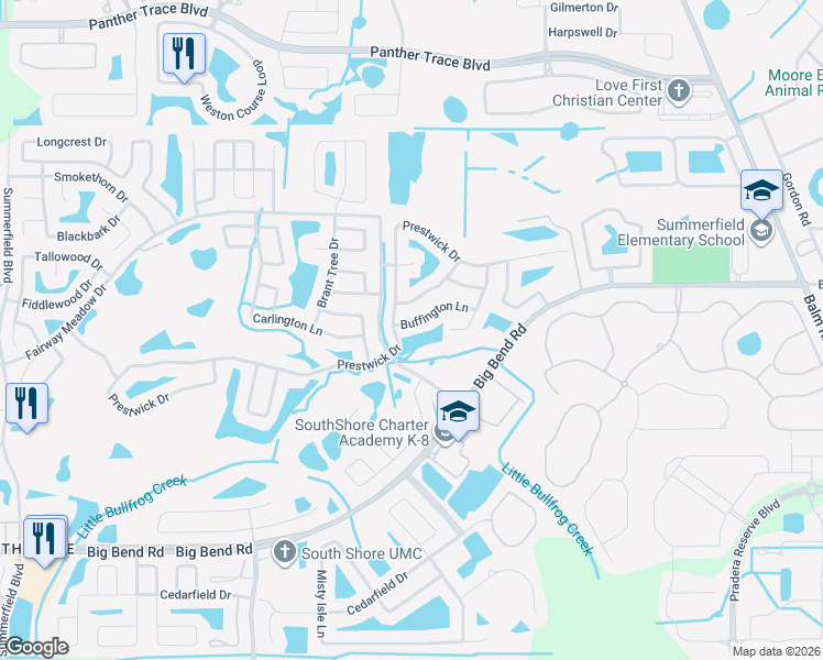 map of restaurants, bars, coffee shops, grocery stores, and more near 12107 Buffington Lane in Riverview