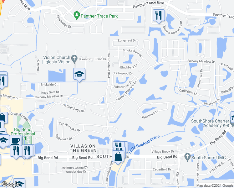 map of restaurants, bars, coffee shops, grocery stores, and more near 12908 Leadwood Drive in Riverview