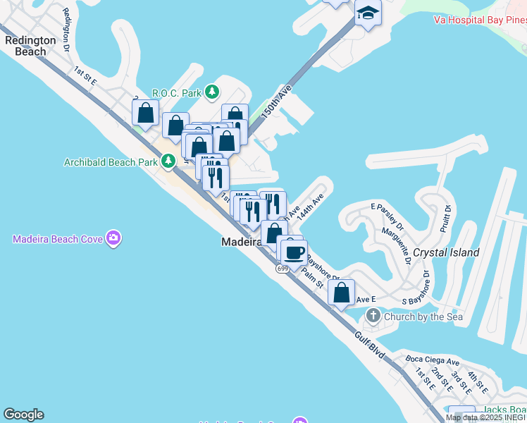 map of restaurants, bars, coffee shops, grocery stores, and more near 197 148th Avenue in Madeira Beach