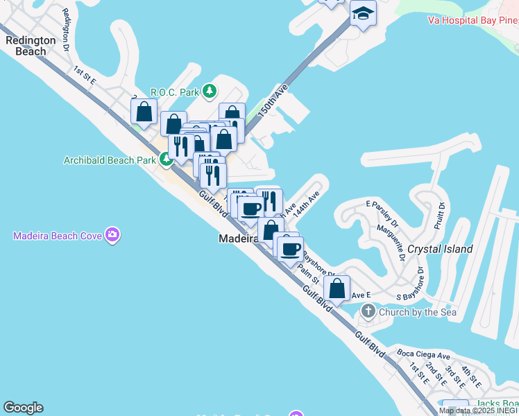 map of restaurants, bars, coffee shops, grocery stores, and more near 197 148th Avenue East in Madeira Beach