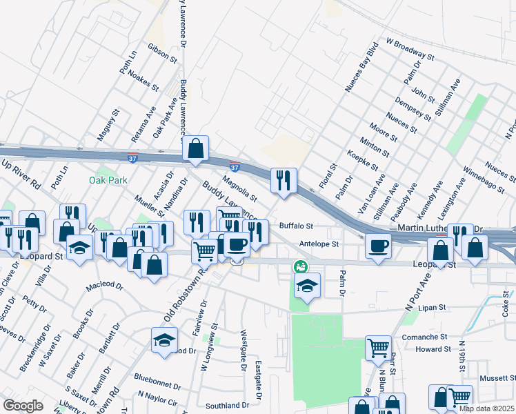 map of restaurants, bars, coffee shops, grocery stores, and more near 3118 Buddy Lawrence Drive in Corpus Christi