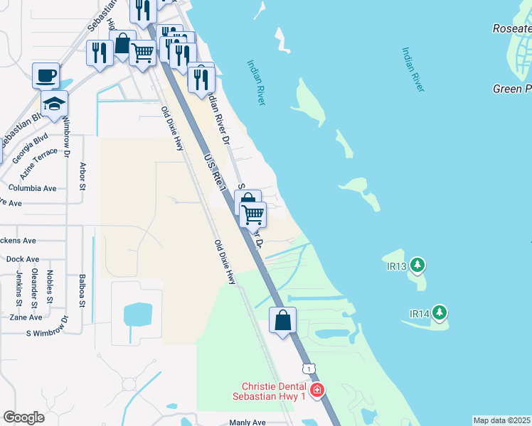 map of restaurants, bars, coffee shops, grocery stores, and more near 11296 South Indian River Drive in Sebastian