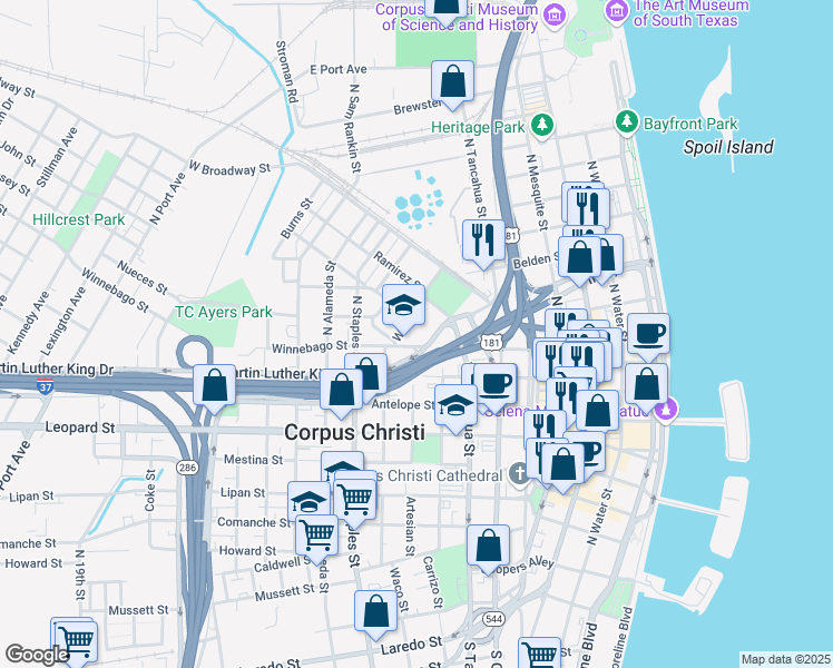map of restaurants, bars, coffee shops, grocery stores, and more near 924 Winnebago Street in Corpus Christi