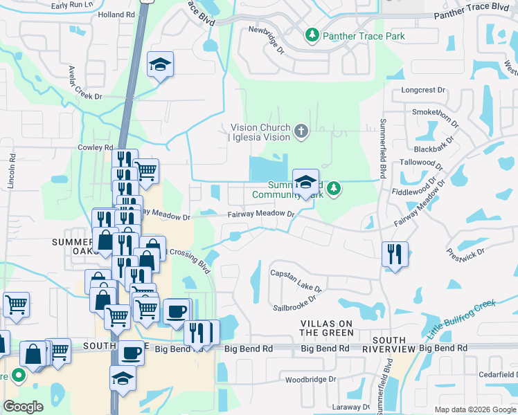 map of restaurants, bars, coffee shops, grocery stores, and more near 10933 Keys Gate Drive in Riverview
