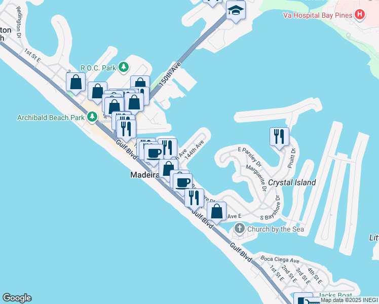 map of restaurants, bars, coffee shops, grocery stores, and more near 243 144th Avenue in Madeira Beach