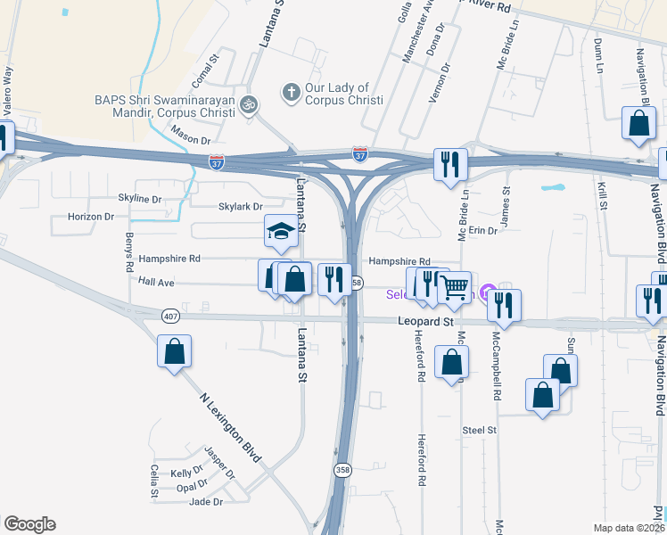 map of restaurants, bars, coffee shops, grocery stores, and more near 2117 North Padre Island Drive in Corpus Christi