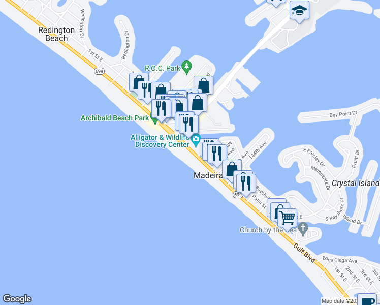 map of restaurants, bars, coffee shops, grocery stores, and more near 14808 Gulf Boulevard in Madeira Beach