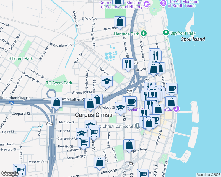 map of restaurants, bars, coffee shops, grocery stores, and more near 924 Winnebago Street in Corpus Christi