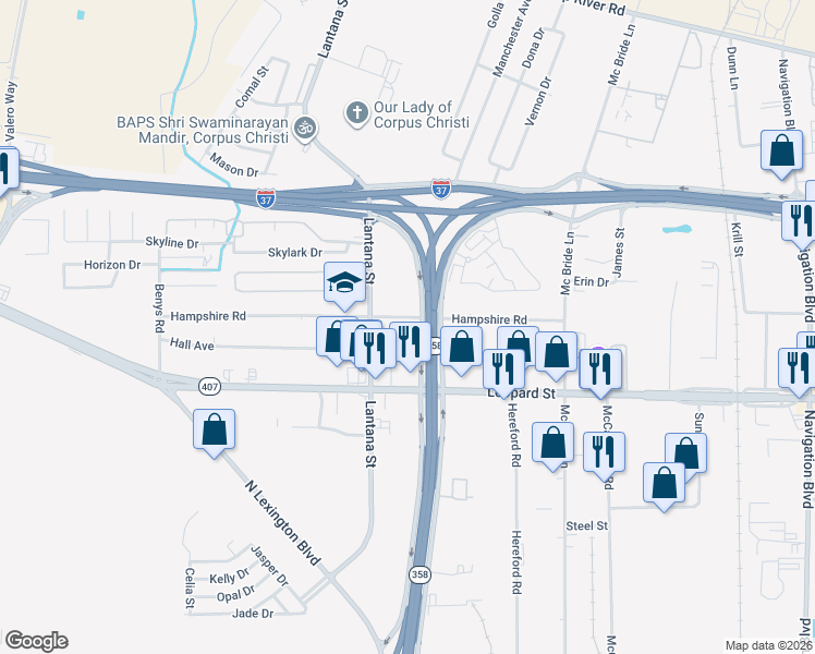 map of restaurants, bars, coffee shops, grocery stores, and more near 2117 North Padre Island Drive in Corpus Christi
