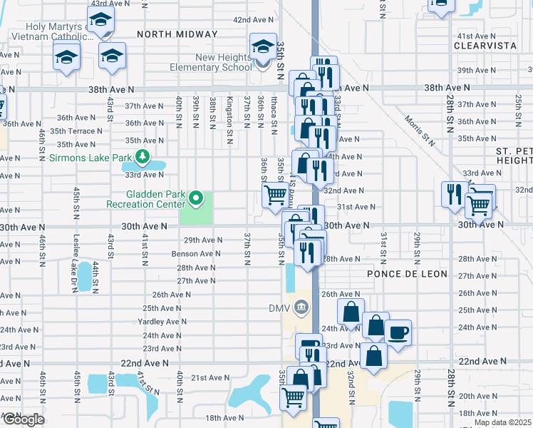map of restaurants, bars, coffee shops, grocery stores, and more near 3125 36th Street North in Saint Petersburg