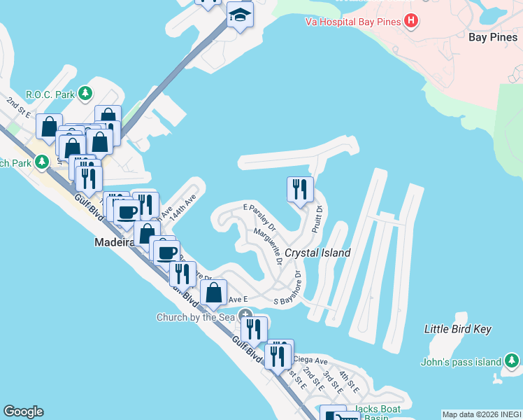 map of restaurants, bars, coffee shops, grocery stores, and more near 14103 East Parsley Drive in Madeira Beach