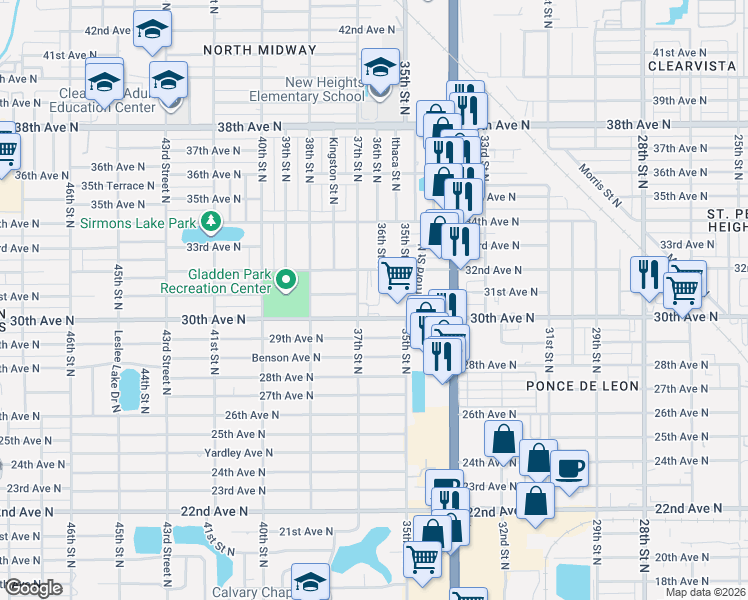 map of restaurants, bars, coffee shops, grocery stores, and more near 3601 30th Avenue North in St. Petersburg