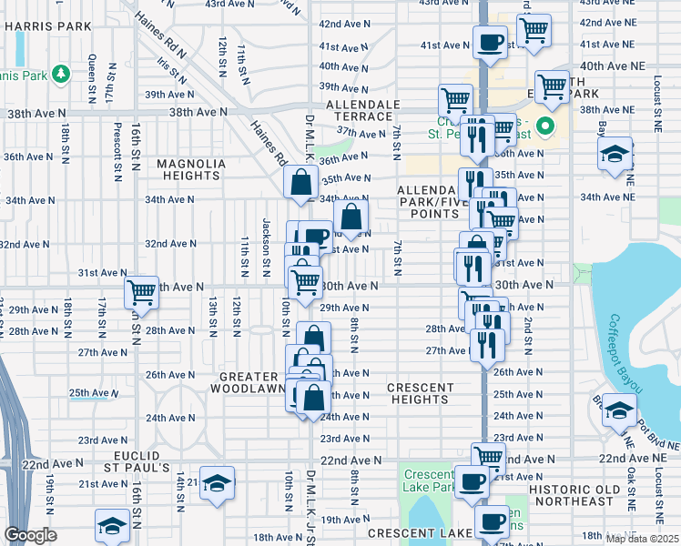 map of restaurants, bars, coffee shops, grocery stores, and more near 3026 8th Street North in Saint Petersburg