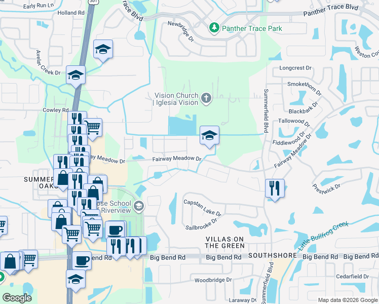 map of restaurants, bars, coffee shops, grocery stores, and more near 13002 Oakmont Wood Court in Riverview