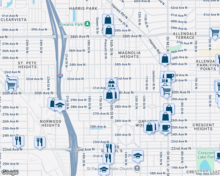 map of restaurants, bars, coffee shops, grocery stores, and more near 1521 30th Avenue North in St. Petersburg