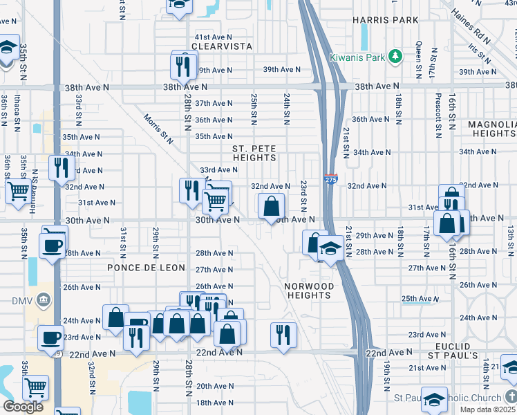 map of restaurants, bars, coffee shops, grocery stores, and more near 2461 30th Avenue North in St. Petersburg
