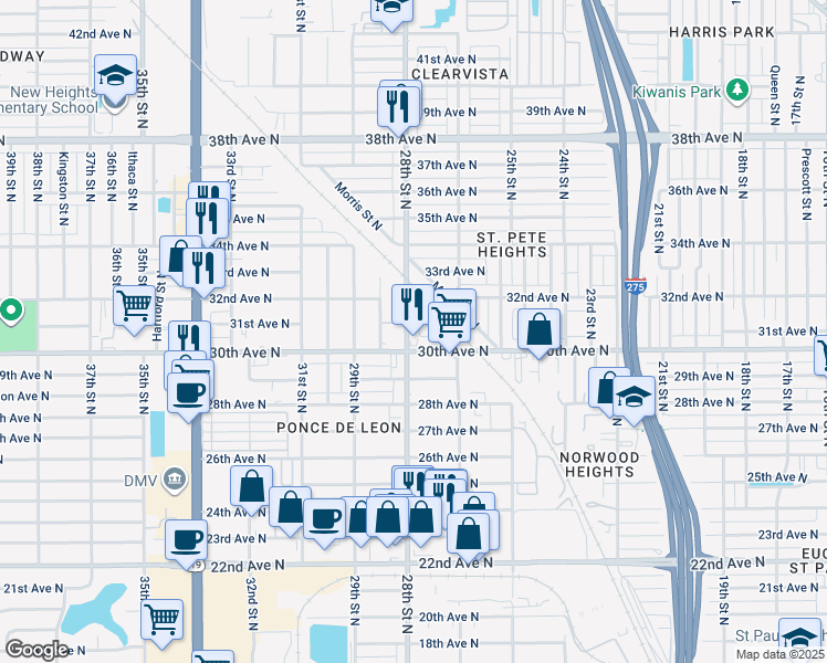 map of restaurants, bars, coffee shops, grocery stores, and more near 3001 28th Street North in St. Petersburg
