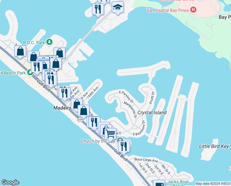 map of restaurants, bars, coffee shops, grocery stores, and more near 14176 West Parsley Drive in Madeira Beach