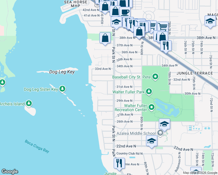 map of restaurants, bars, coffee shops, grocery stores, and more near 3033 82nd Way North in St. Petersburg