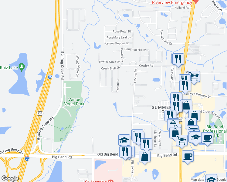 map of restaurants, bars, coffee shops, grocery stores, and more near 12961 Tribute Drive in Riverview