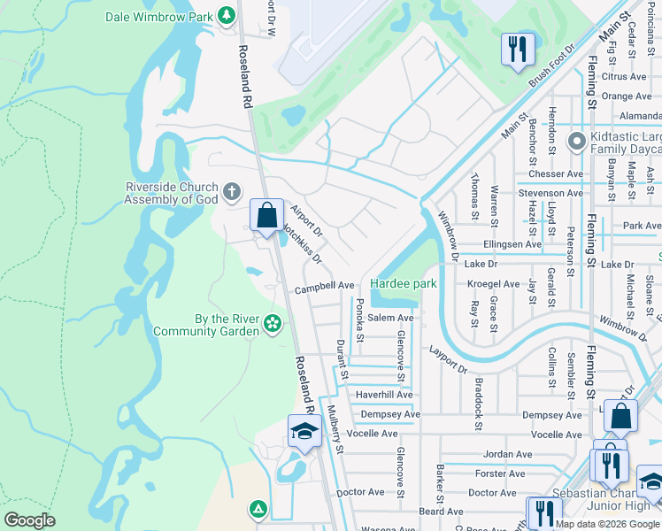 map of restaurants, bars, coffee shops, grocery stores, and more near 11105 Hotchkiss Drive in Sebastian