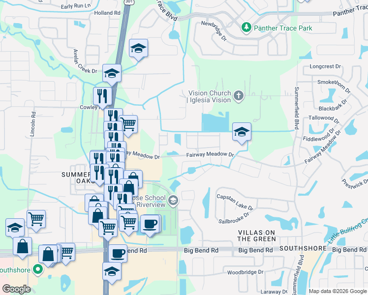 map of restaurants, bars, coffee shops, grocery stores, and more near 10755 Keys Gate Drive in Riverview