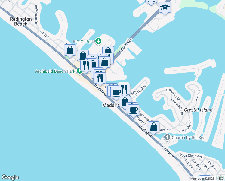 map of restaurants, bars, coffee shops, grocery stores, and more near 14919 North Bayshore Drive in Madeira Beach
