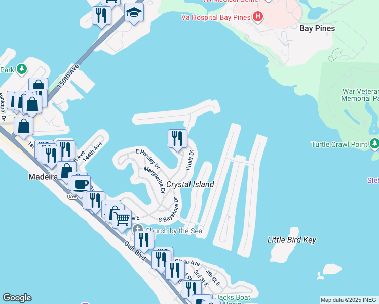 map of restaurants, bars, coffee shops, grocery stores, and more near 737 Pruitt Drive in Madeira Beach