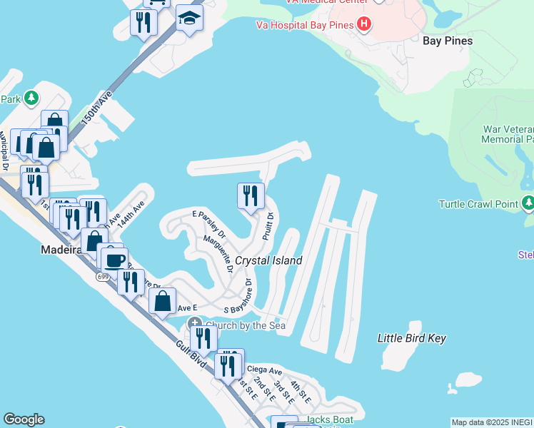 map of restaurants, bars, coffee shops, grocery stores, and more near 737 Pruitt Drive in Madeira Beach