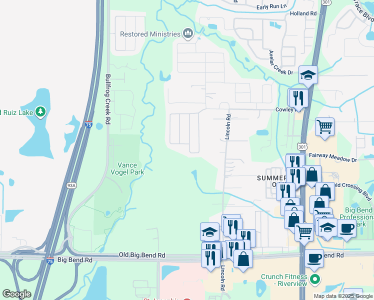 map of restaurants, bars, coffee shops, grocery stores, and more near 12962 Tribute Drive in Riverview