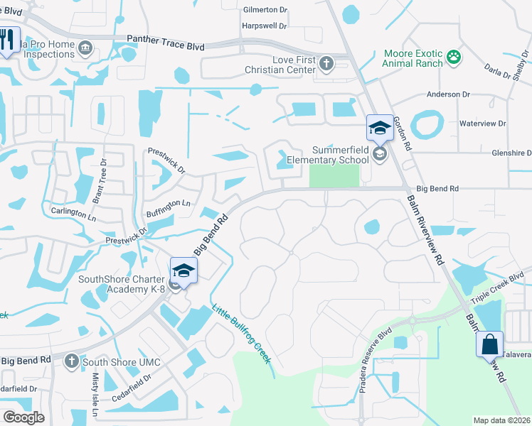 map of restaurants, bars, coffee shops, grocery stores, and more near 11845 Frost Aster Drive in Riverview