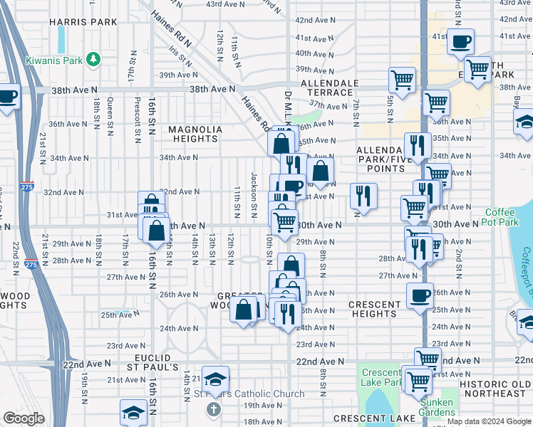 map of restaurants, bars, coffee shops, grocery stores, and more near 1021 30th Avenue North in St. Petersburg
