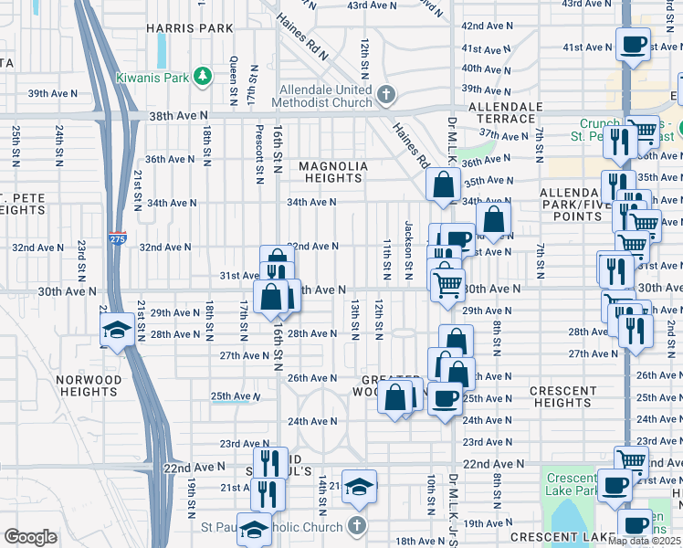 map of restaurants, bars, coffee shops, grocery stores, and more near 3006 13th Street North in St. Petersburg