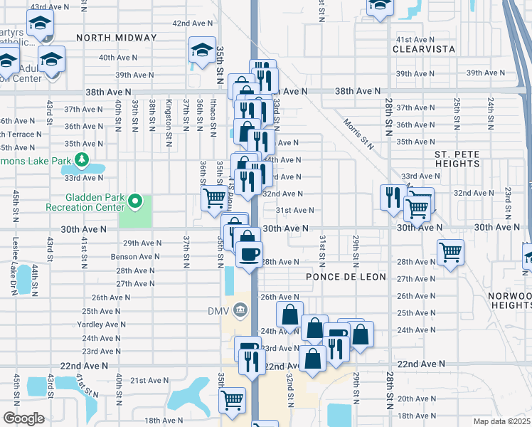map of restaurants, bars, coffee shops, grocery stores, and more near 3311 30th Avenue North in St. Petersburg
