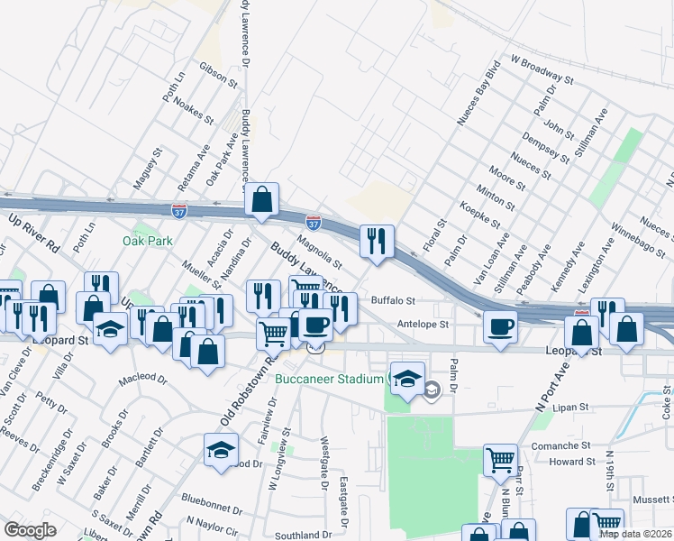 map of restaurants, bars, coffee shops, grocery stores, and more near 3118 Buddy Lawrence Drive in Corpus Christi