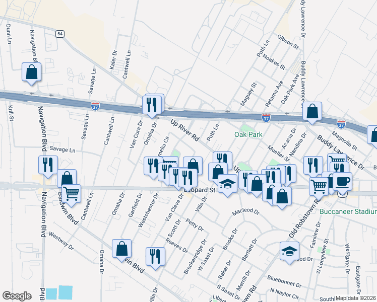 map of restaurants, bars, coffee shops, grocery stores, and more near 738 East Cornelia Circle in Corpus Christi