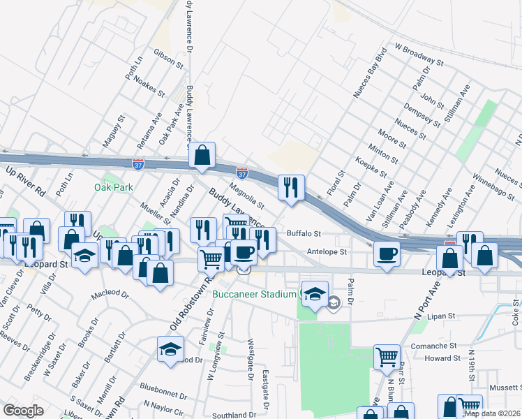 map of restaurants, bars, coffee shops, grocery stores, and more near 3118 Buddy Lawrence Drive in Corpus Christi